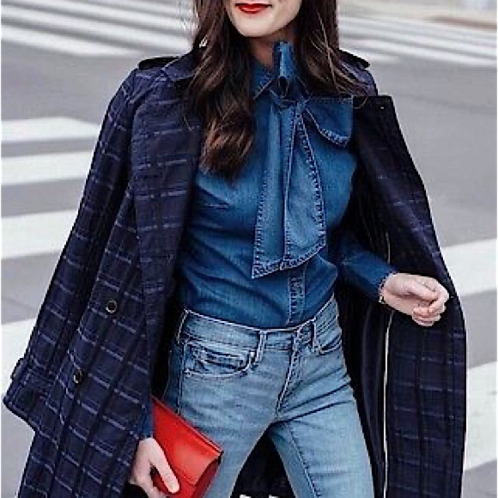 Banana Republic Blue Plaid Belted Trench Coat